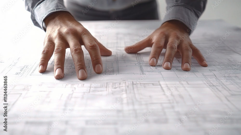 Poster engineers working with blueprints on a table for project development