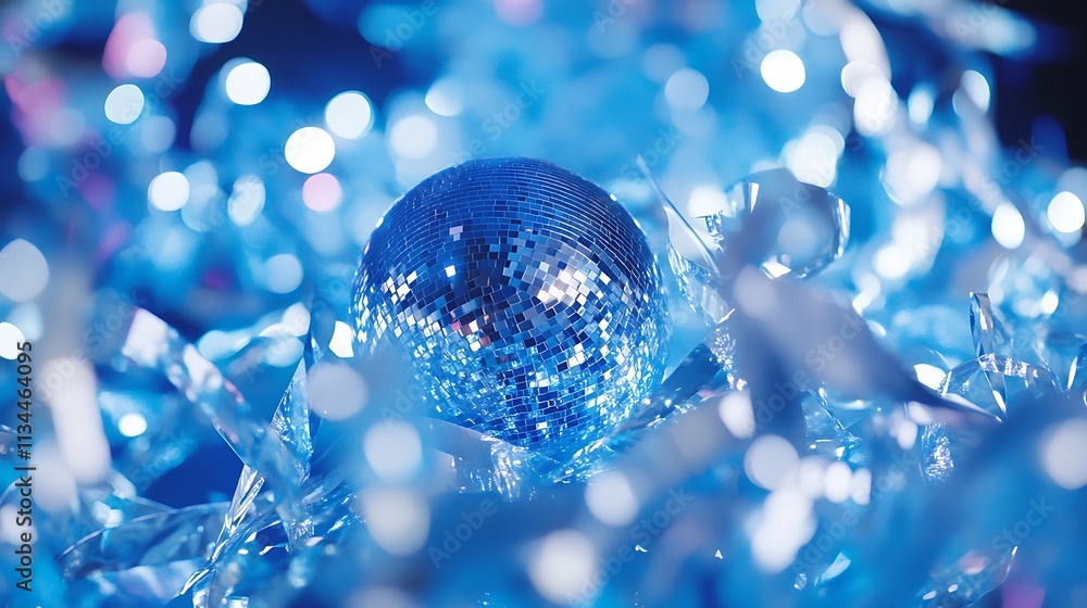 Aufkleber shimmering disco ball hanging from tinsel with colorful bokeh background for festive vibes