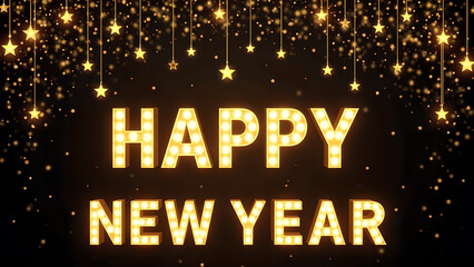 Happy New Year Celebration with Golden Stars. Concept of new year, celebration, and party.