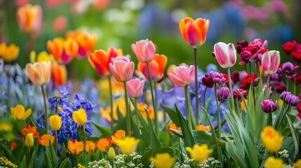 Fototapeta premium Vibrant Spring Flower Garden with Colorful Tulips and Blossoming Plants