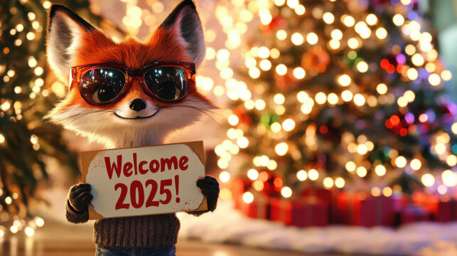 A cute fox wearing Wearsun glasses. Christmas , symbol of the year, cartoon haracter, design, santa
