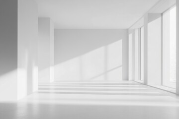 Fototapeta premium Sunlit empty white room with large windows.