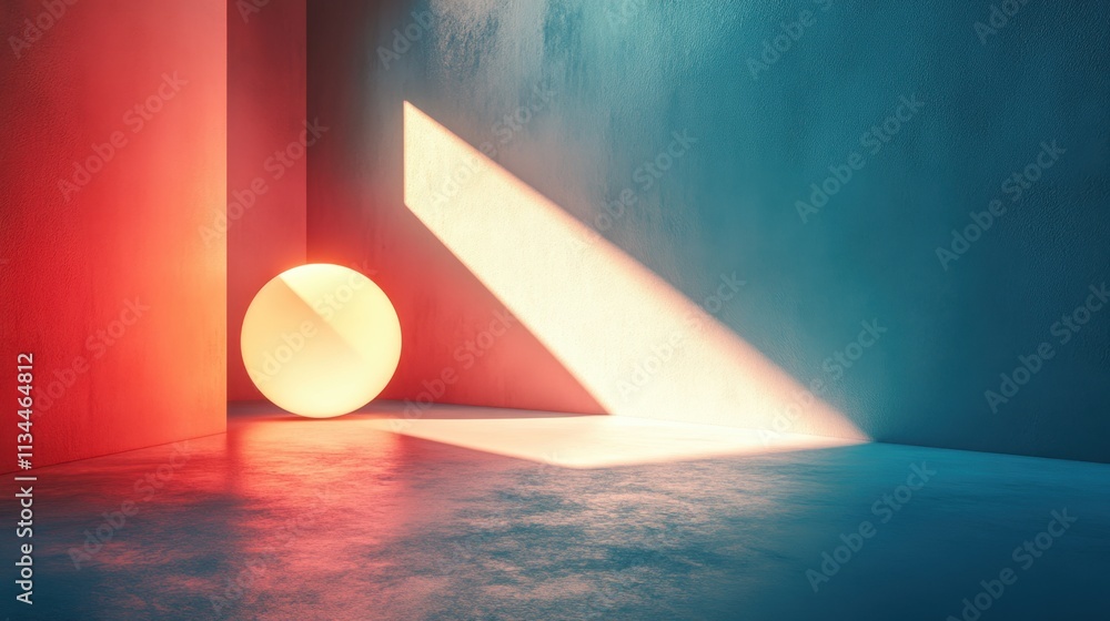 Poster play of light and color in an abstract space with a glowing sphere and dynamic shadows
