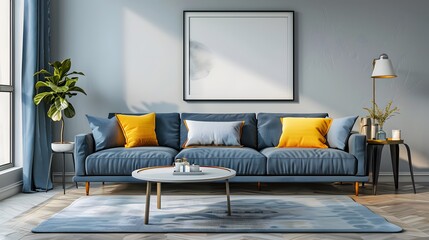 Elegant Living Room Interior with Stylish Blue Sofa and Bright Accents