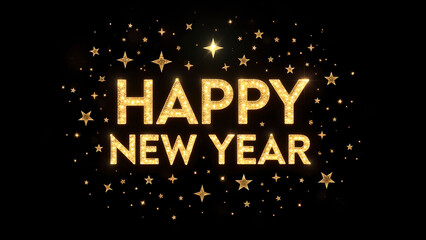 Happy New Year golden text with shiny stars. Concept of celebration, holiday, and new beginnings.