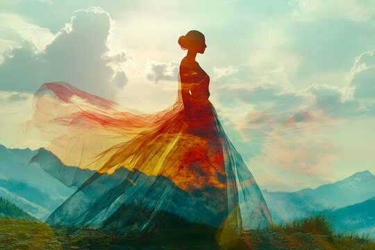 Portrait de femme avec robe longe en double exposition