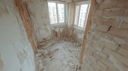 Room under renovation, debris, exposed brick walls, windows.
