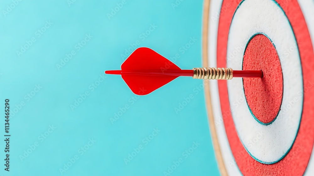 Poster a red dart sticking perfectly in the center of a target against a bright background