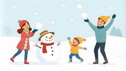 Fototapeta premium Joyful Family Playing in Snow Together with Plain Background and Copy Space for Text or Branding