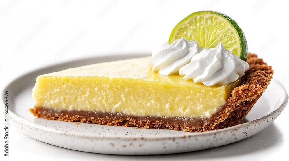 Poster zesty and creamy key lime pie slice with graham cracker crust on white background