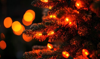 Fototapeta premium A Christmas tree decorated with orange lights, casting a warm and inviting glow in the dark. The orange light reflects off the treea??s leaves, creating a soft and vibrant atmosphere.