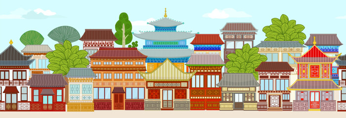 seamless border with chinese or japanese buildings with traditional decorative walls, doors, roofs and trees. panorama cloudy cityscape with east ethnic houses and pagoda, religious temples