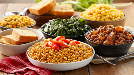 A traditional New Year's meal with black-eyed peas, cornbread, and collard greens.