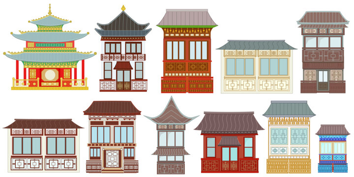 collection of chinese or japanese buildings with traditional decorative walls, doors, roofs. set of east ethnic houses and pagoda, religious temples. asian building structure icons ornate patterned