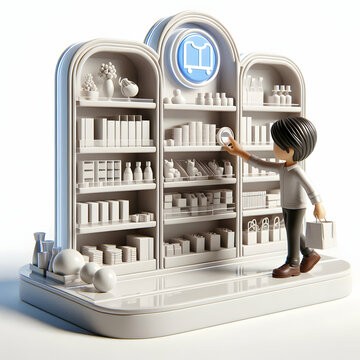 3D perfect store and planogram and shelf spacing concept as Merchandiser adjusts planograms for shelf spacing variations in a UK department store; diagrams and measurements focused expression ample co