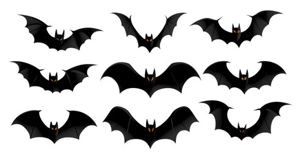 A Collection Silhouettes of Halloween Bat pngs in Black, Arranged in a Grid Pattern on a transparent Background