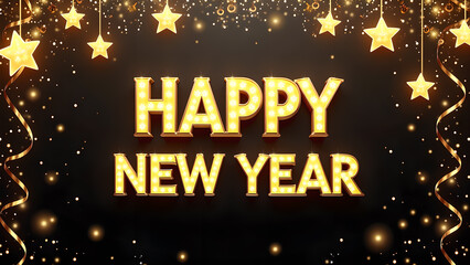 Happy New Year golden text with stars and ribbons. Concept of celebration, holiday, and party.