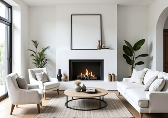 modern white living room features warm fireplace surrounded comfortable furniture decor
