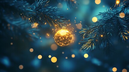 Fototapeta premium Fir branch holding glowing snow ball with Christmas tree radiating golden sparkles against blue abstract night