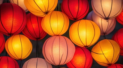 Colorful illuminated paper lanterns hanging close together.