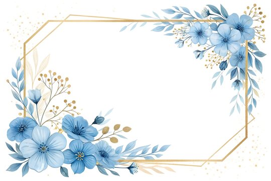 Blue watercolor floral frame background vector with a golden border on a white background, blue flowers decoration for a wedding invitation and card design template illustration