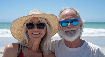 A beautiful senior couple smiling at the camera, wearing sunglasses and beach attire on vacation in the sunny weather.