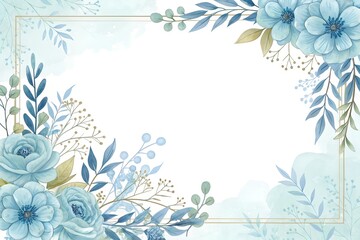 Blue watercolor floral frame background vector with a golden border on a white background, blue flowers decoration for a wedding invitation and card design template illustration