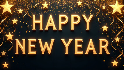 Happy New Year golden text with stars and ribbons. Concept of celebration, new beginnings, and festive.