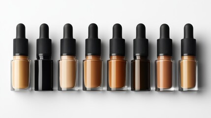 Obraz premium Bottles of makeup foundation and cushion,Collection of skin foundation bottles in different shades and samples on color background,makeup essentials,Cushion Foundation liquid and swatche,copy space.
