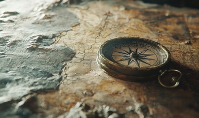 A close-up of a compass on an old, worn map, pointing towards unknown territories. The mapa??s vintage texture and the compassa?? detailed design inspire a sense of adventure and discovery.