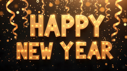 Happy New Year Celebration with Golden Letters and Confetti. Concept of Holiday, Party, and Event.