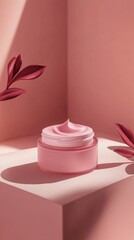 Pink Cream Jar with Delicate Red Leaves in Soft Lighting