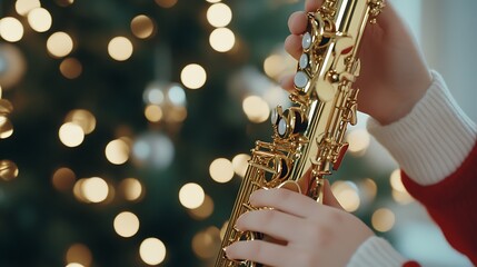 Fototapeta premium Festive Moments of Joy with a Saxophone by the Christmas Tree