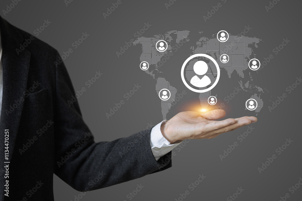Poster a man is holding a hand up to show a globe with people on it. the globe is surrounded by a circle wi