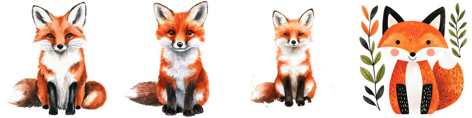 Obraz premium Charming Watercolor of Playful Baby Fox Sitting in Lush Forest Landscape with Greenery and Floral Accents Perfect for Children s Room Decor Nursery Wall Art or Nature Themed Designs