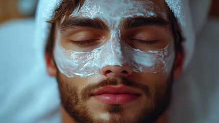Fototapeta premium A young man relaxing with a facial mask during a spa treatment.