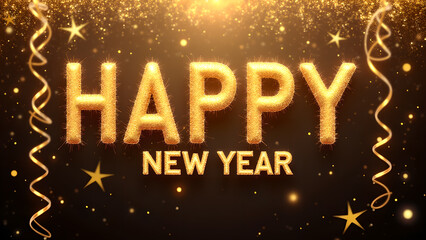 Happy New Year golden text with light and confetti. Concept of celebration and holiday.