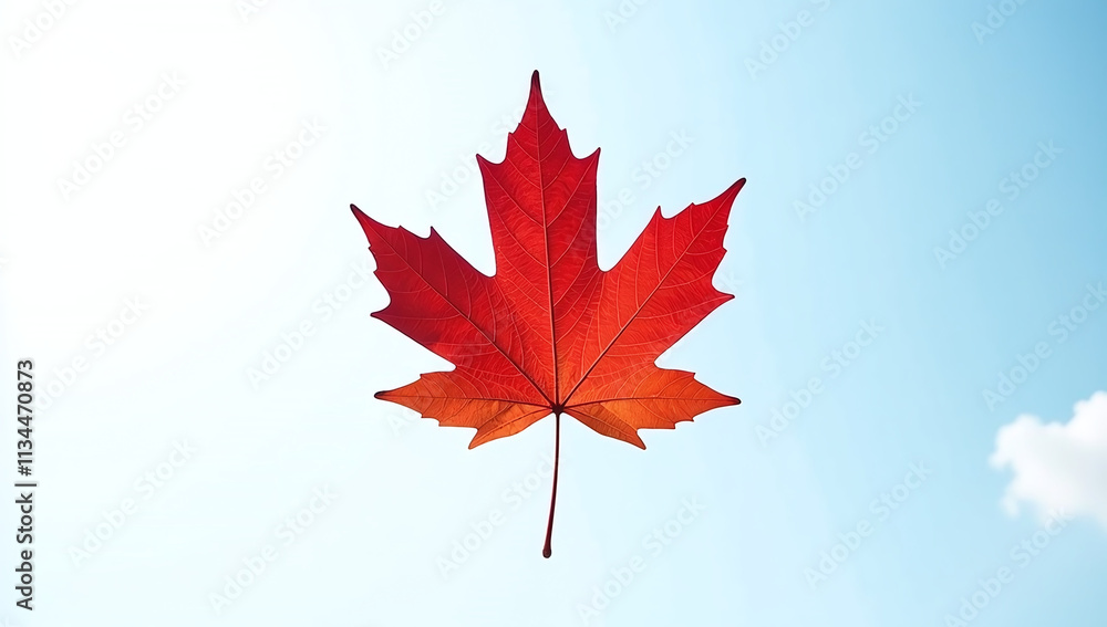 Wall mural red maple leaf floats white background clear blue atmosphere