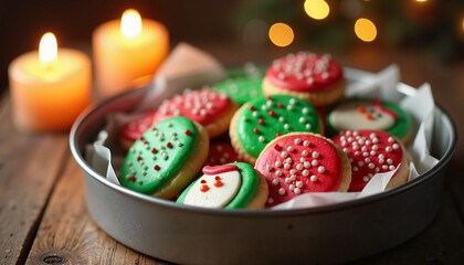 Festively decorated Christmas cookies on rustic wooden table with candles