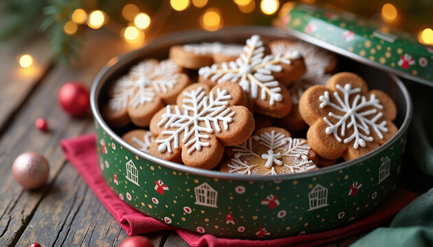 Decorative gingerbread cookies shaped as snowflakes in festive tin container