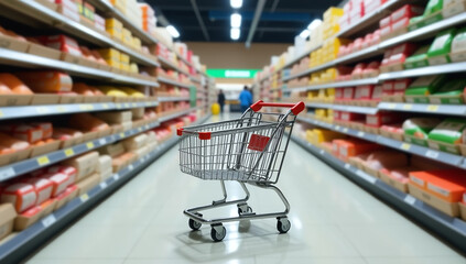 shopping trolley stands alone empty shelves grocery