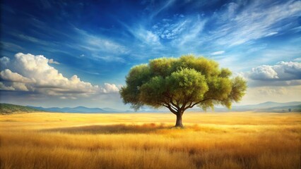 Fototapeta premium Scenic landscape painting of an olive tree and vast dry grassland , landscape, painting, olive tree, dry grass
