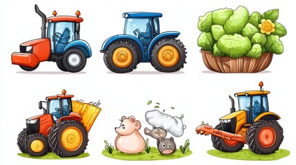 Cartoon Tractors and Farm Animals Illustration