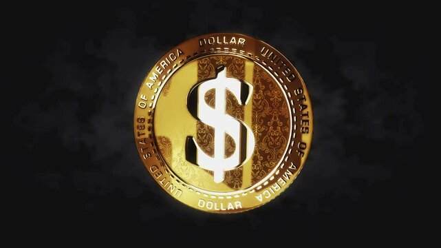 Dollar USD USA currency rotating coin toss. Transaction and blockchain technology symbol throws to flip on heads or tails slowmotion 3d abstract concept.