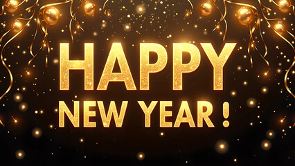 Happy New Year golden text with light and confetti. Concept of celebration and new beginning.