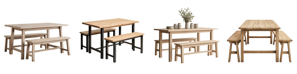 Minimalist and cozy wooden dining or home office furniture set with table chairs and bench in a simple elegant and natural interior design