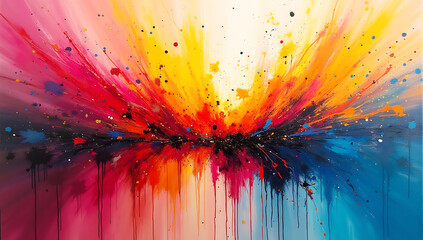Abstract expressionist painting, colorful explosion, vibrant brushstrokes, dynamic composition, yellow orange blue purple