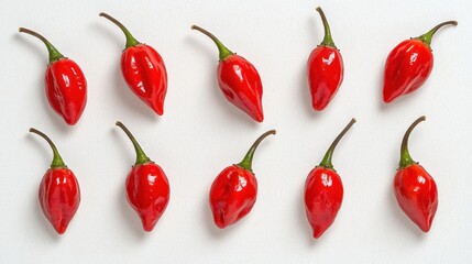 A photostock of vibrant cherry red chili peppers laid out on a seamless white background, symbolizing spice and culinary excitement. High Quality