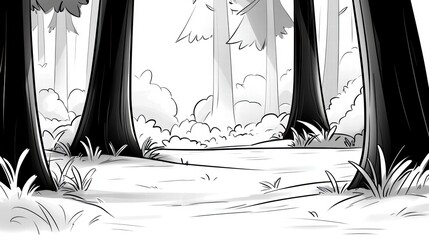 Black and White Cartoon Forest Scene.