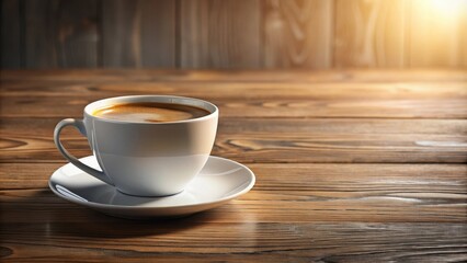 Obraz premium Realistic rendering of a coffee cup on a wooden table, coffee, cup, drink, hot, beverage, morning, caffeine, realistic, rendering